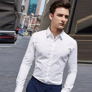 Hot Sale Business White Shirt Men's Anti-wrinkle Professional Dark Placket Solid Color Shirt Wedding 100% Cotton / Dress