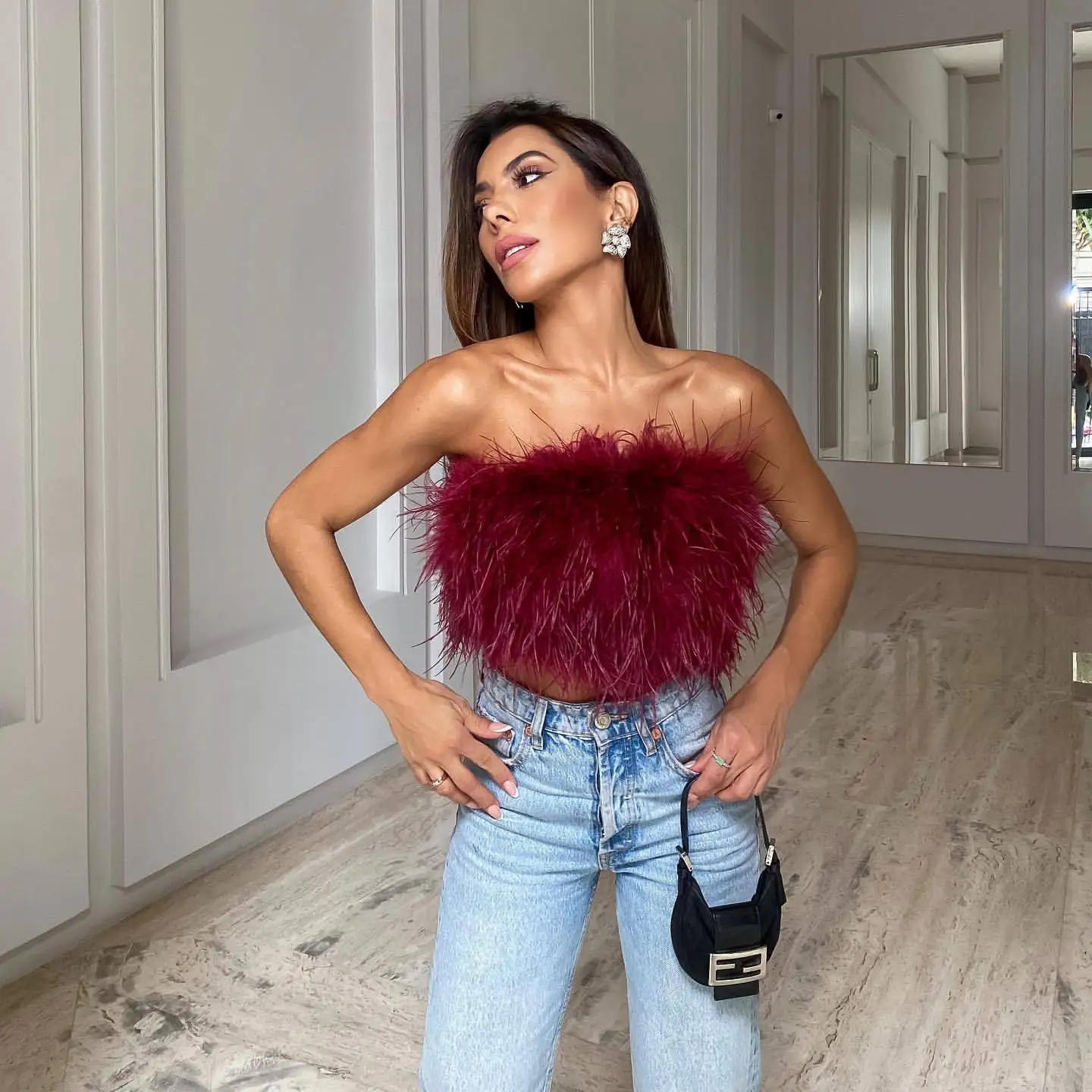 W-S838A 2022 Summer Women Sexy Fluffy Furry Tube Top Female Feather  Decoration Sleeveless Vest