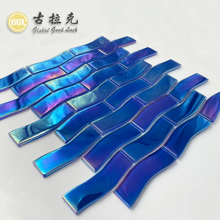 Mosaic Tile Outdoor Cheap Blue Color Iridescent Crystal Glass Mosaic Tiles For Outdoor Swimming Pool 300*300 Glass Tiles