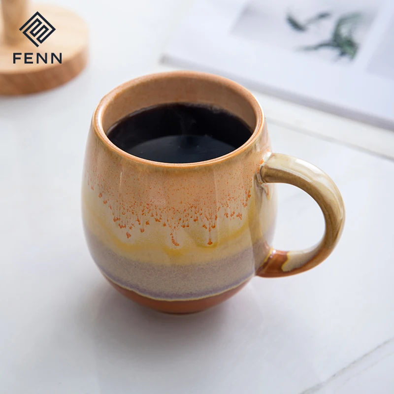 FENN Novelty Style Gradient Reactive Glaze Pot Belly Mug Large Ceramic Handmade Coffee Mugs Cup Stoneware Chubby Mug for Gift