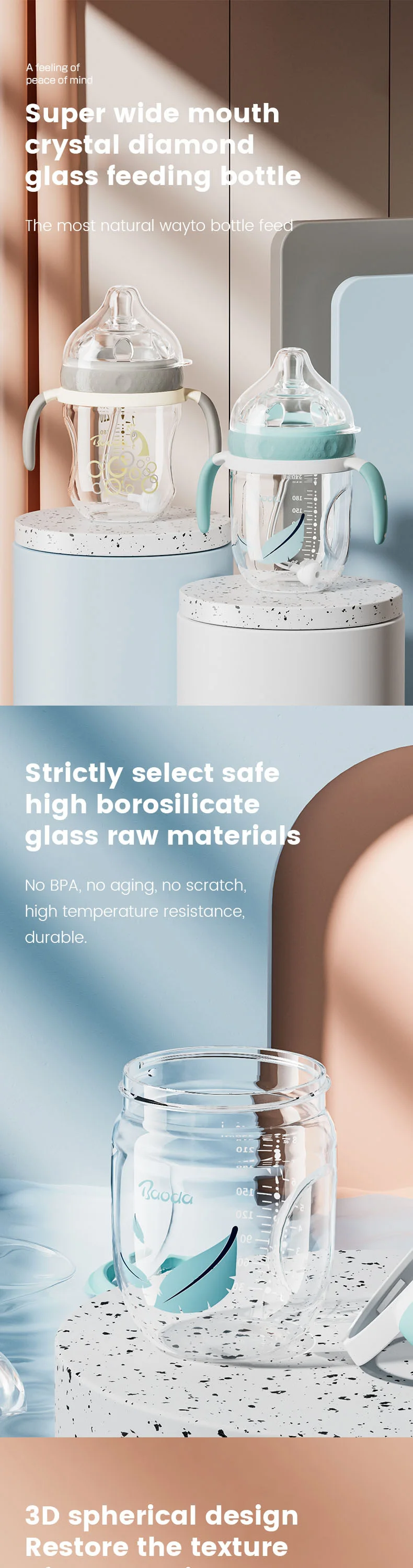 Manufacture High Quality 240ml/8oz Wide Neck Borosilicate Baby Glass