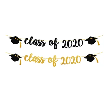 Pafu gold glitter class of 2020 banner with caps high school college graduation party supplies bunting garland decorations
