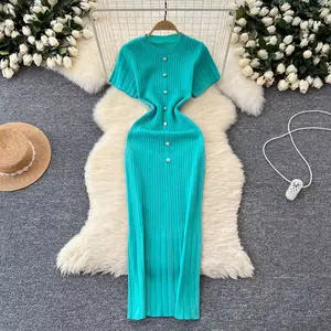 Summer Retro Mid-Length Knitted Dress Korean Version Short-Sleeved POLO Collar Slimming Waist Bag Buttock Simple Solid