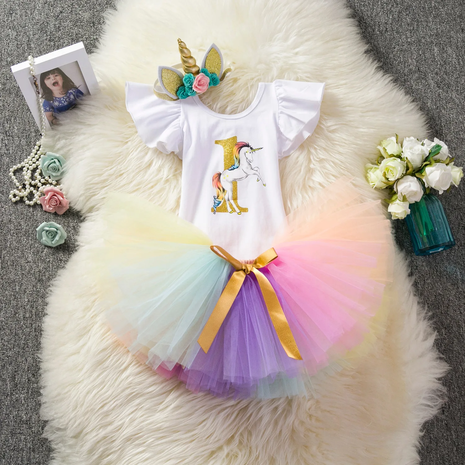 Wholesale Flower 1st First Birthday Outfit Boutique Unicorn Tutu Dress  Year Baby Girl Birthday Dresses With Headband 3pcs