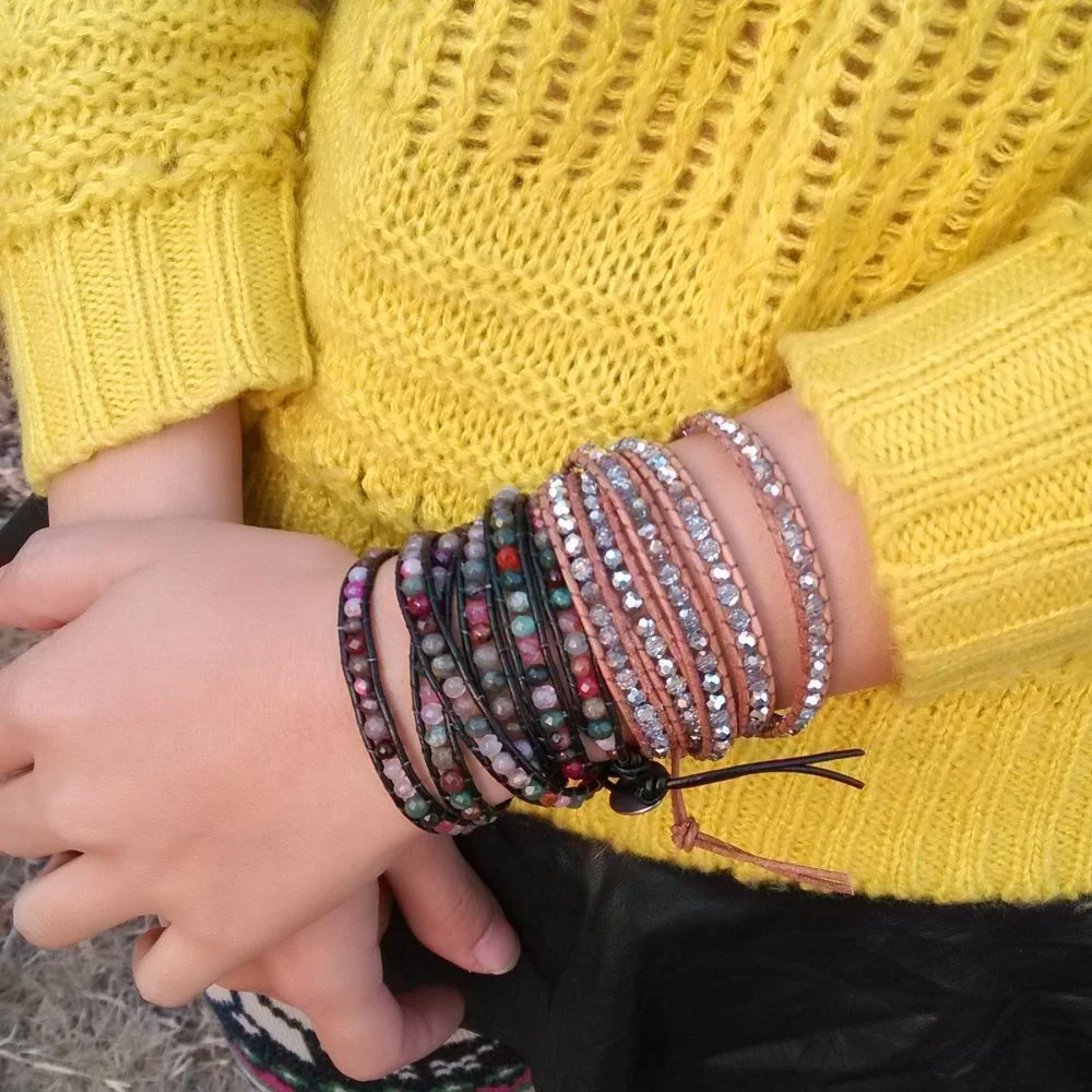 Customization Shining Crystal Bracelets Vintage Leather Wrap Chip