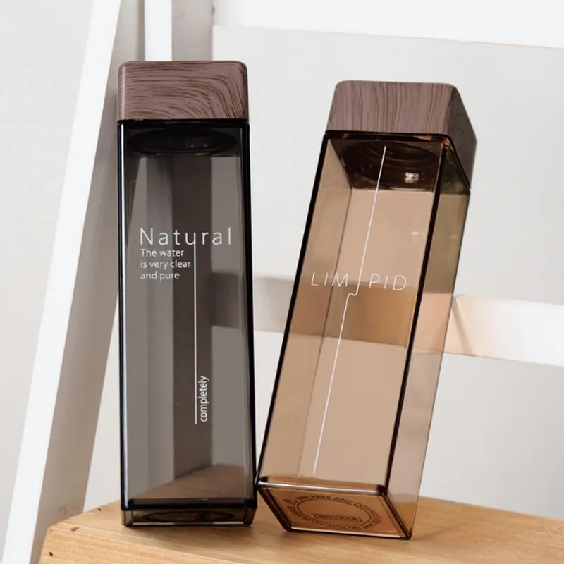Custom Square Shape Water Bottle Juice Drink Bottle With Wood Grain Lid