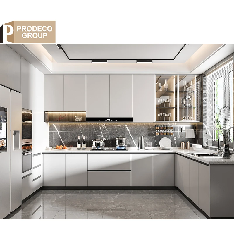 Luxury Apartment Project Wood Veneer Laminate Modern Complete Set Kitchen Cabinets with Faucet High End Kitchen Furniture