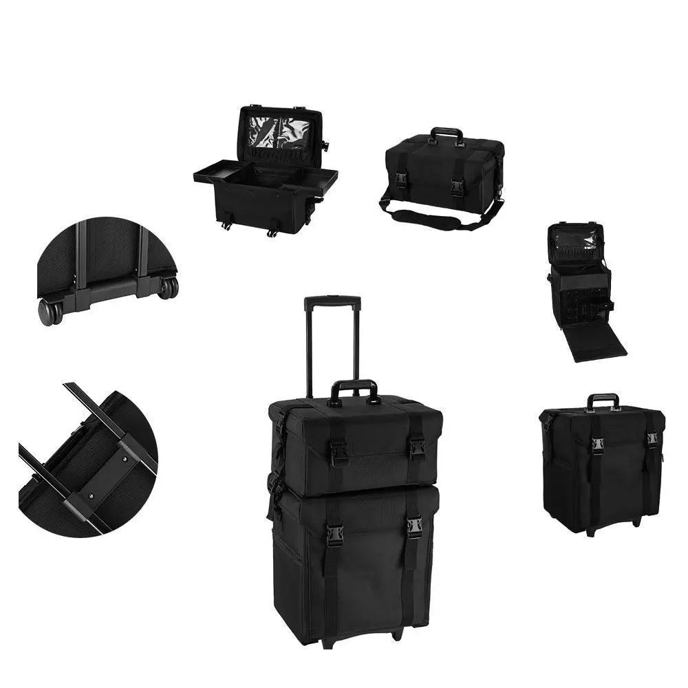 EurHomePlus Valise De Maquillage Et Coiffure Professionnelle - Mallette Pliable Et Roulante Avec Table, 4 Tiroirs Verrouillables Et Miroir (Noir