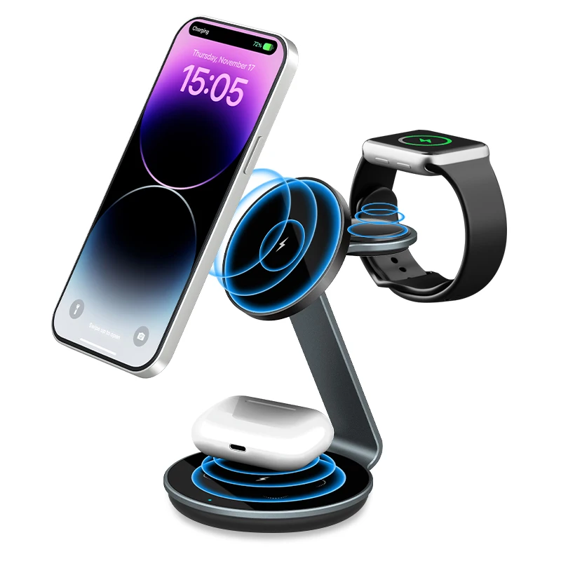 Portable 15W Multi Devices Fast Charging Station 3 in 1 Magnetic Mobile Phone Universal Wireless Charger
