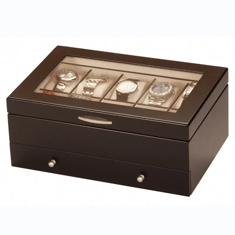Luxury Watch Display Case With Large Glass Window Wood Leather Box