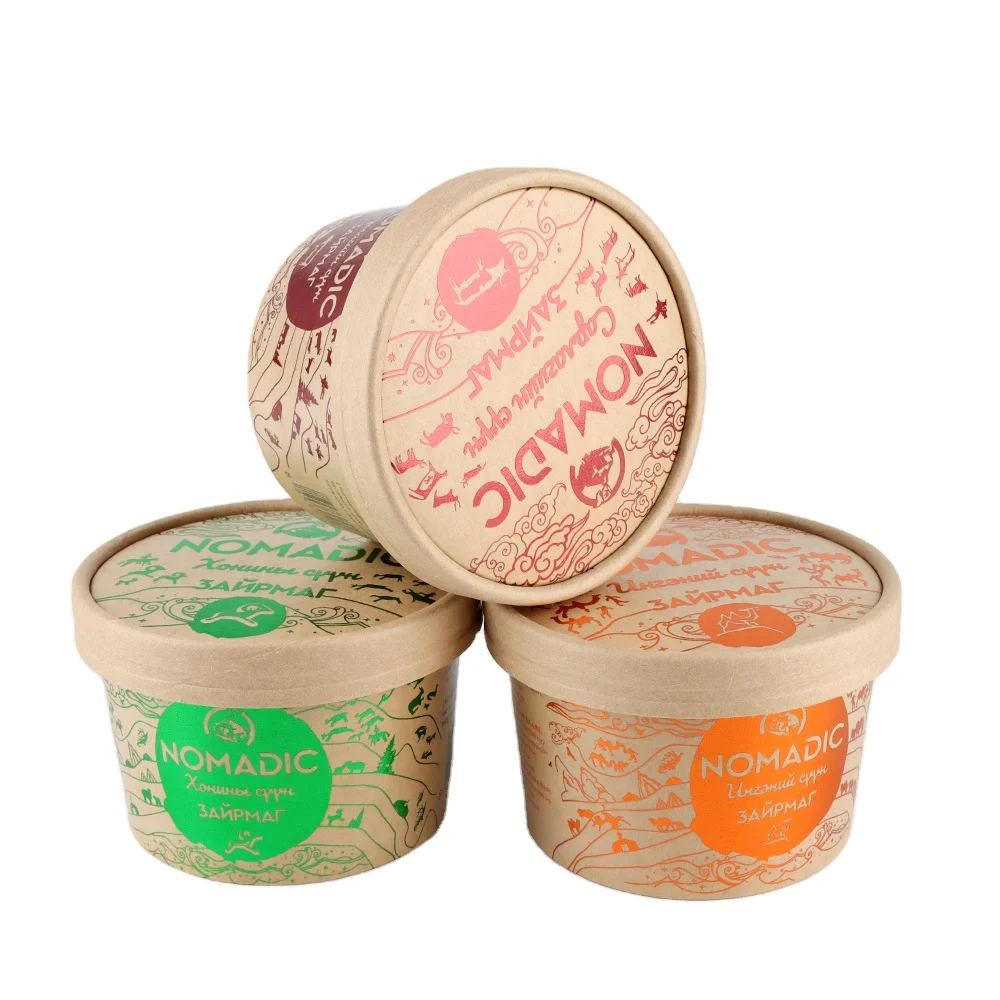 Customized Gold Stamping Paper Ice Cream Cups with Paper Lids Brown Paper Sundae Bowl Disposable Kraft Frozen Yogurt Cup