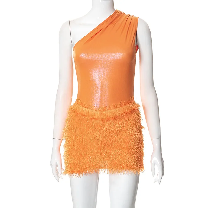 Villa Blvd Metallic Bodysuit + Feather Skirt Set Large / Orange