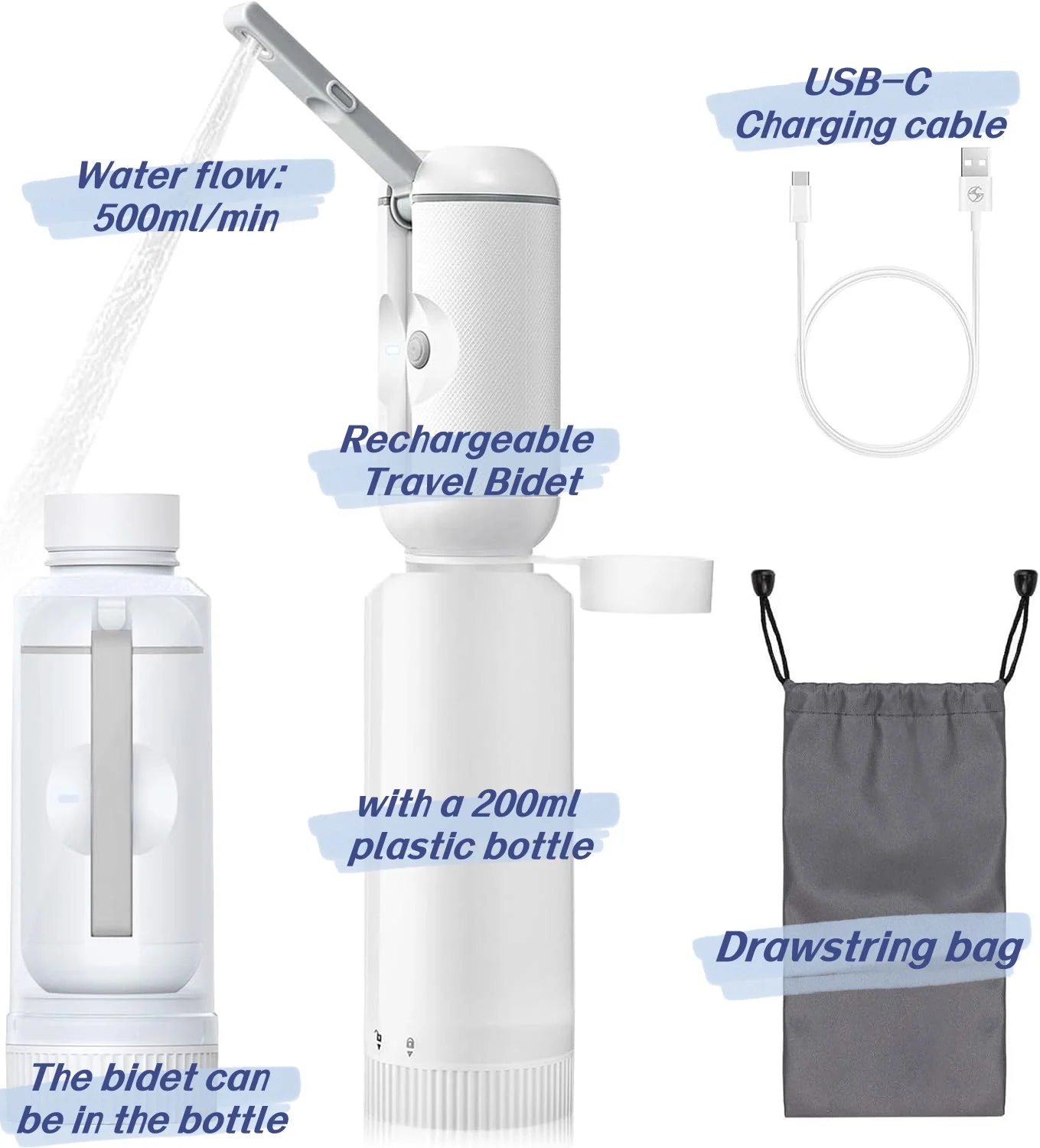 Rechargeable Electric Pocket Bidet Sprayer 500ml Portable Hygiene Washer for Toilet Cleaning Travel Baby Care Elderly Assistance factory