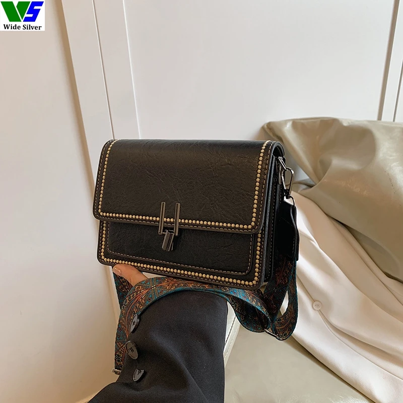 Wide Silver Factory's Vintage Women's Leather Messenger Bag Single Buckles PU Lining for Summer Winter Designed for Ladies