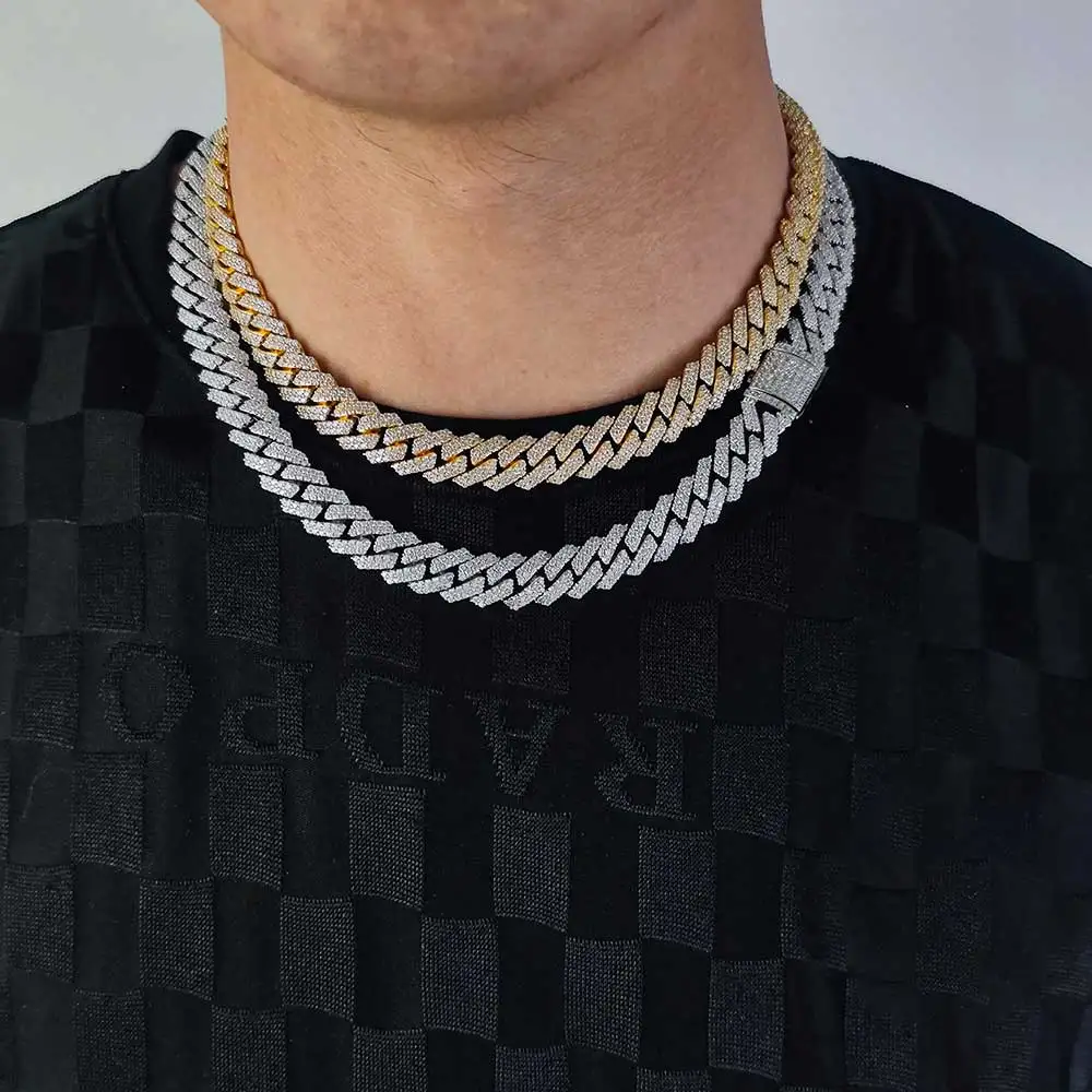 NUOYA 12mm Hip Hop Shiny Diamond Prong Cuban Link Chain