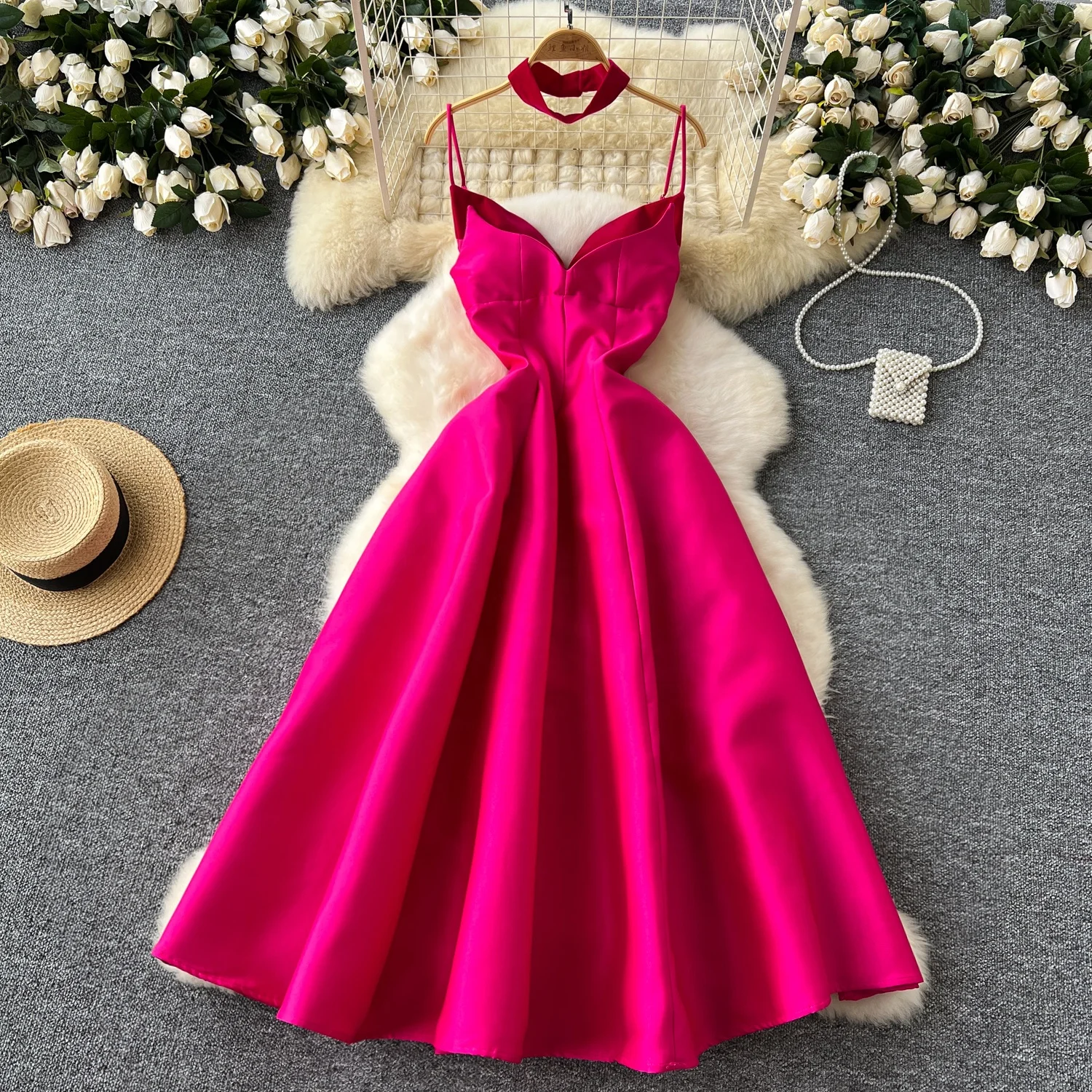 French Dresses Feminine V-Neck Spaghetti Strap A-line Dresses