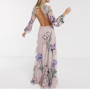 Summer Sexy Floral Prints Custom Style Ladies Long Sleeves Maxi Pink Dress with Cut Out Back