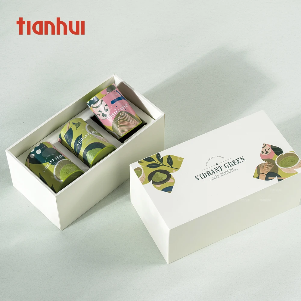 Caixes rígides de paper reciclat Tianhui amb petites llaunes de matcha personalitzades per a l’embalatge de jocs de regals de matcha