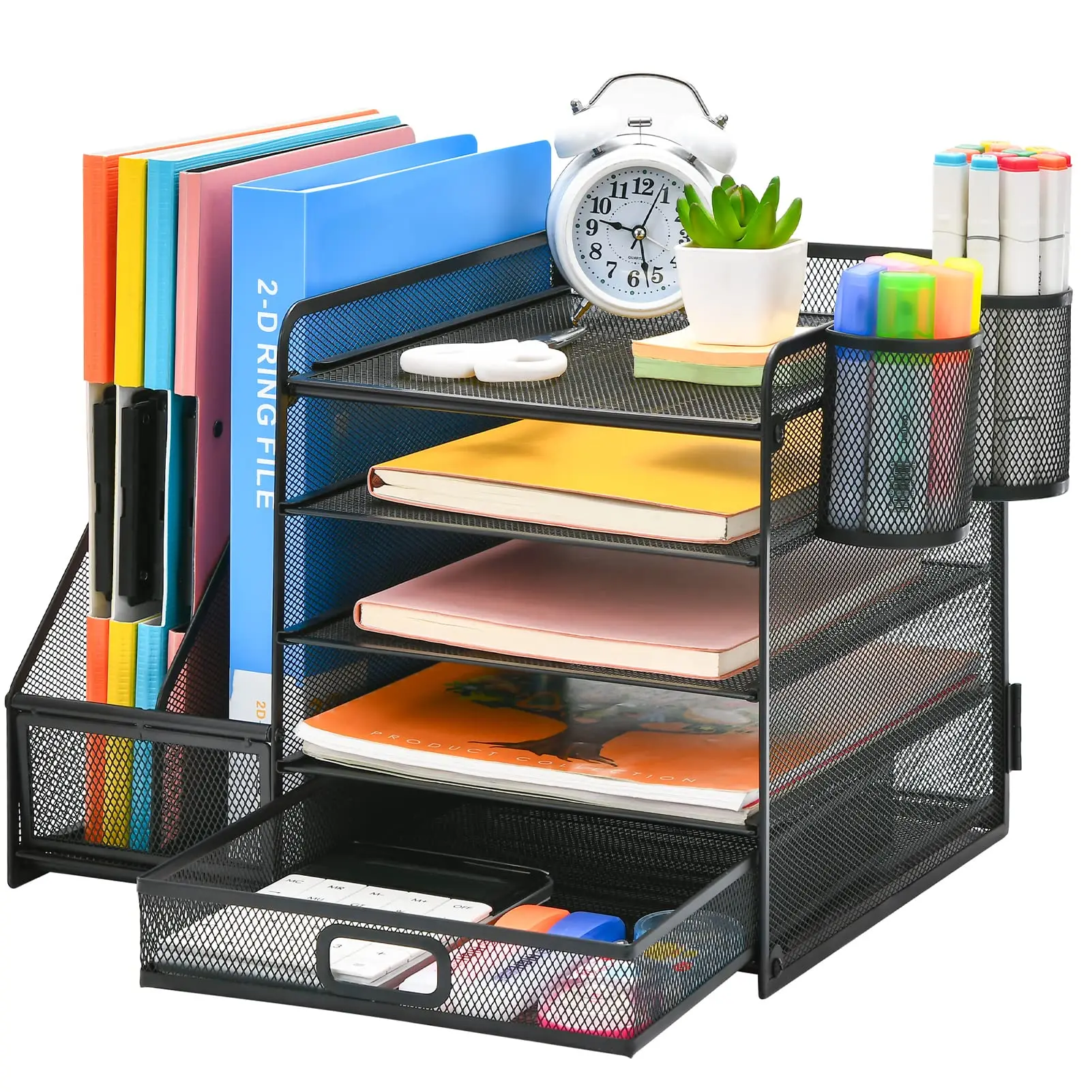 Organiseur De Bureau 5 Niveaux En Métal - Porte-fichiers Coulissants Et étagères Latérales - Rangement Fournitures De Bureau