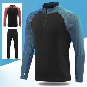 Quick Dry Polyester Men's Fitness Sports Splice Contrast Color Set Spring Autumn Men's Long Sleeve Semi Zipper Top & Pants Set