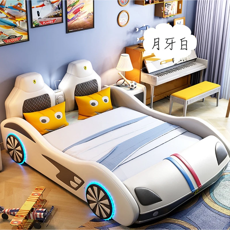 Boys and Girls Cartoon Leather Children's Car Bed