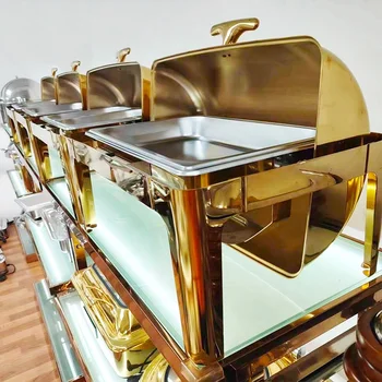 Stainless Steel Rectangle golden Chafing Server Set for Catering Commercial Roll Top Buffet Server, Chafing Dish for Parties