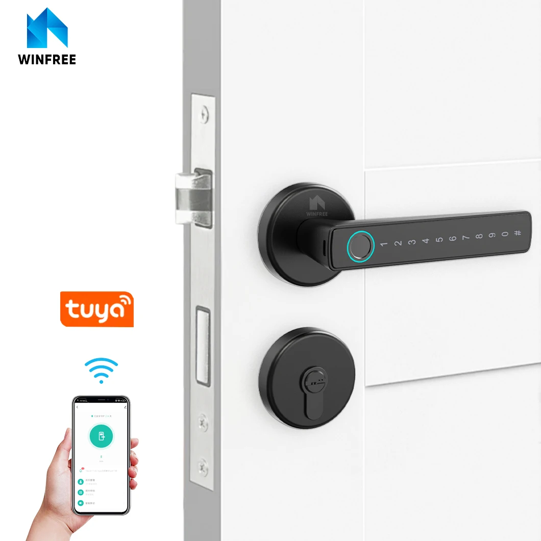 Security House Bedroom Door Handle Lock Black Wifi Tuya Fingerprint Door Lock Bluetooth Digital Keyless Entry Smart Home Lock