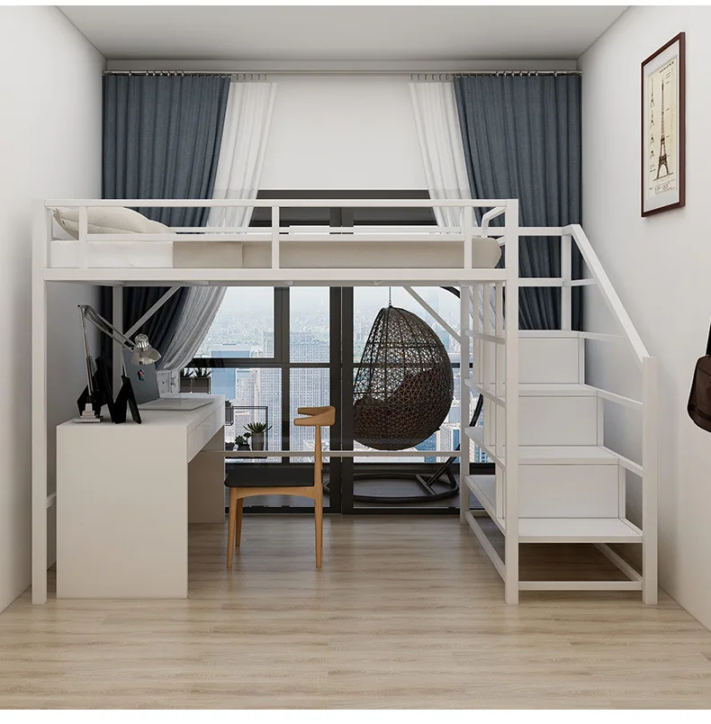 Adult Loft Bed White Loft Metal Bed Heavy Duty Bed Iron Frame Bedroom ...