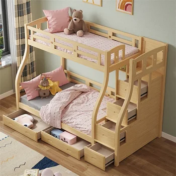 Hotel Kids Bed Set Solid Wood Loft Double  Wooden Modern Bedroom Space Saving Wooden Bunk Bed With Stairs