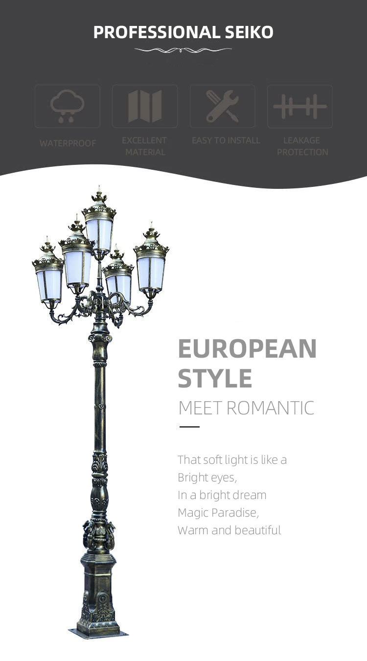 Professional manufacturer outdoor antique cast iron solar street post lamp led garden pole pillar light