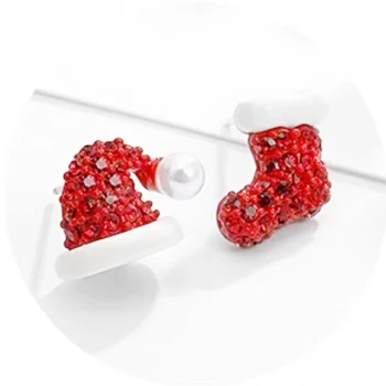 Wholesale Red Cute Crystal Sock Christmas Earrings Santa Hat Pearl Stud Earring For Merry Christmas Festival