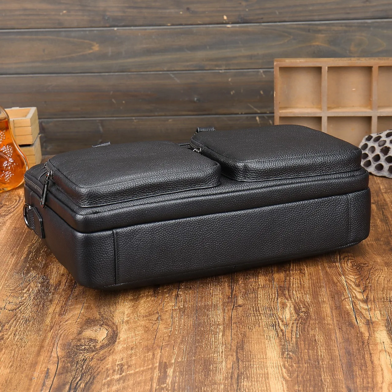 OEM ODM Office Business Style Black Real Cow Skin Cowhide Pebble Genuine Cow Leather Computer Laptop Briefcases