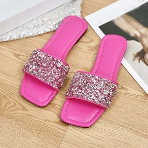QuiteS 2026 Single Luxury Beach Shoe for Women Elegant Rhinestone Sequin Flat Casual Slide One-Word Trendy for Summer