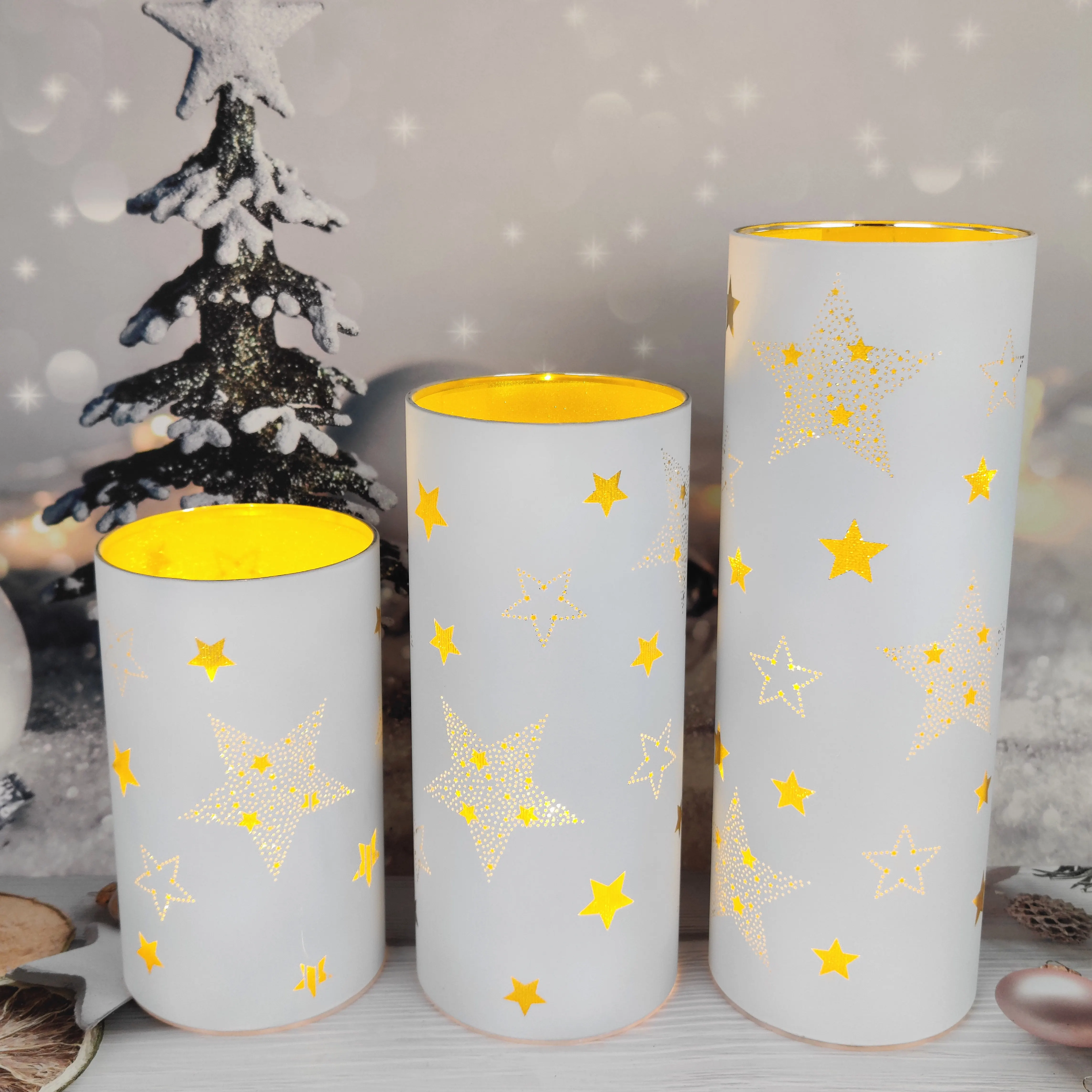 Battery operated led light up glass Christmas cylinder hurricane table decoration setting ideas details