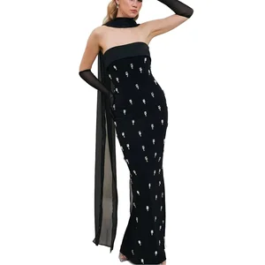 Customize Halter Neck Floral Casual Summer Woven Floor-Length Eco-Friendly Women's Dresses with Beading for Party