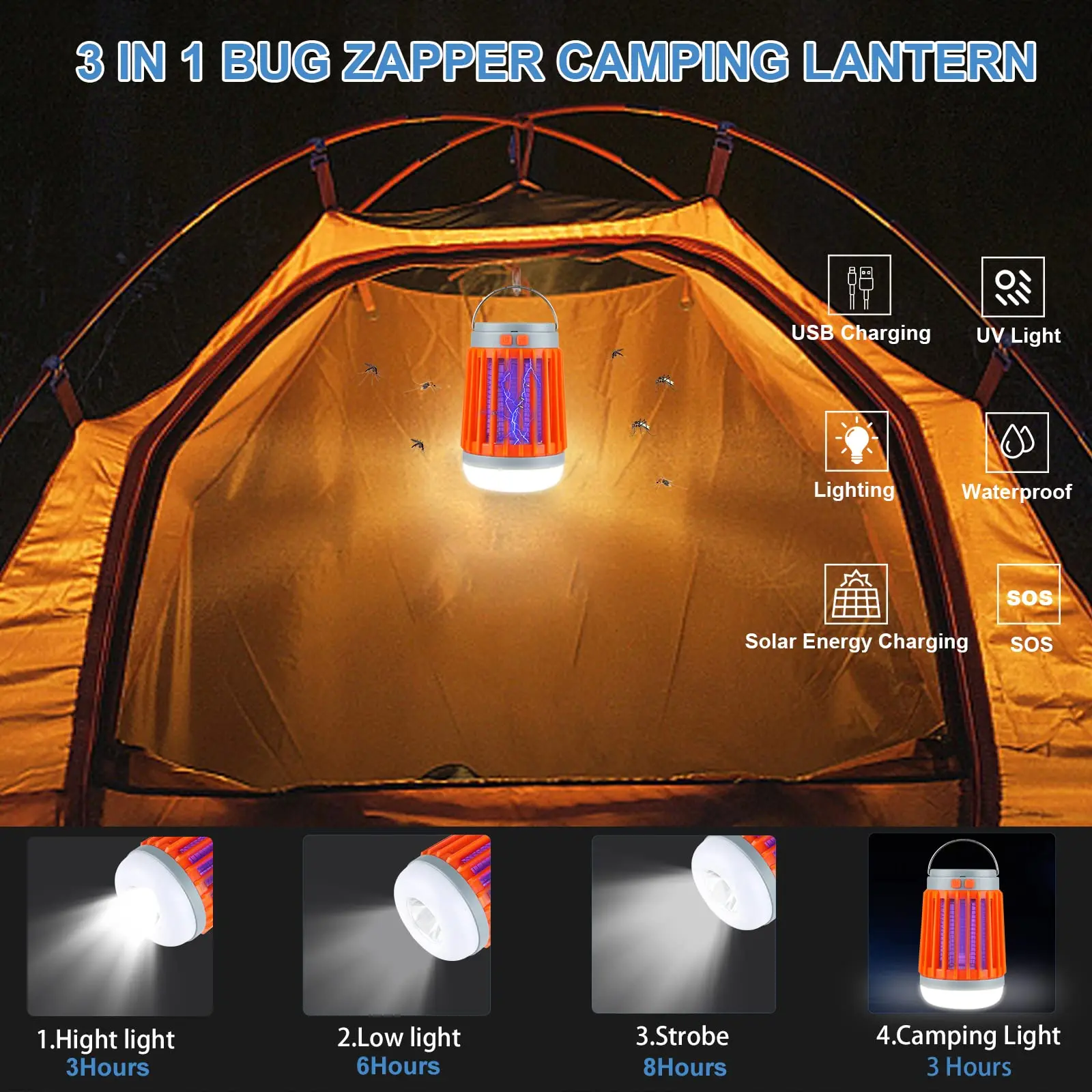 3 In1 Multi-functional Waterproof Portable Solar Usb Rechargeable Bug Zapper Camping Lamp Flashlight Led Light Tent Lantern details