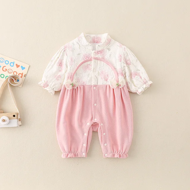 Autumn Spring Western-Style Double-Layer Floral Jumpsuit for Baby Girls Long-Sleeved Chinese-Style Casual Outfit Button for