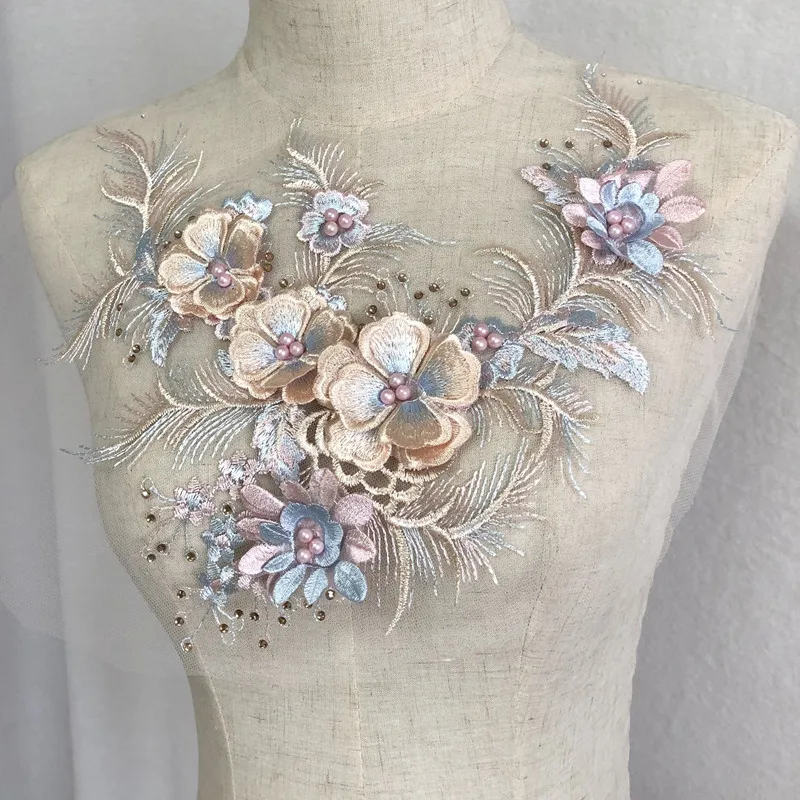 Long Applique Sequins Beaded 3D Flower Diy Patch Lace Applique for Wedding Dress 