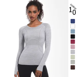 Women Plus Size Seamless Full Length Sports Top with Long Sleeves Quick Drying Front Logo for Yoga and Exercise
