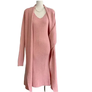 2026 Spring and Autumn New Fashion Solid Casual Loose Mid-length Knitted Cardigan Jacket Women's Long Sling Dress Two-piece Set