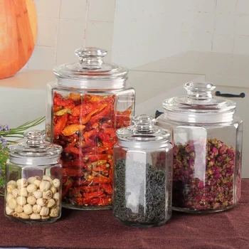 Bulk Order Premium Reusable Houseware Kitchen Storage Bottle Octagon Glass Storage Jar with Lid for Food Container Kitchen Use
