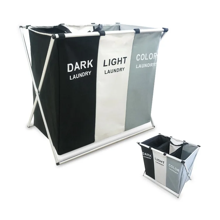 3 Section Laundry Hamper Compartments Foldable Collapsible Canvas Laundry Basket With Metal Rack