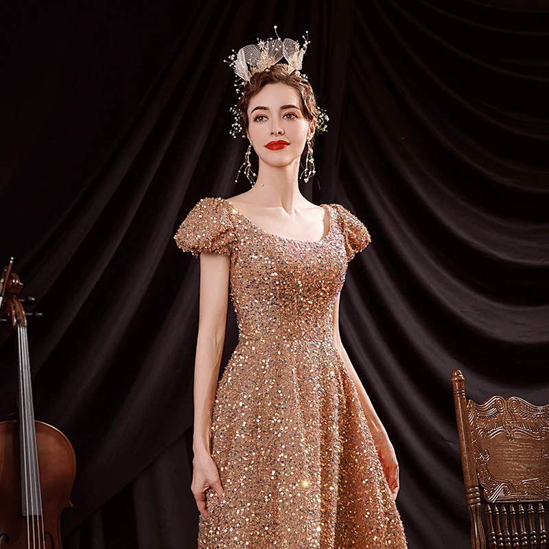 Women's Evening Dress 2022 Gold Prom Dress Bling Mermaid Sequined Ladies  Formal Wear Gowns
