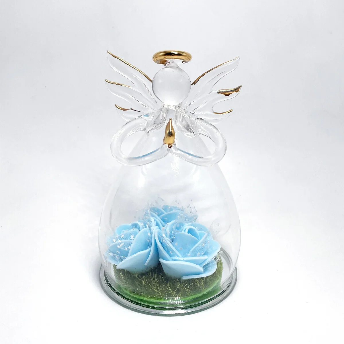 Preserved blue rose flower with angel figurine everlasting Rose decorative flowers for Christmas Mother's Day Gifts