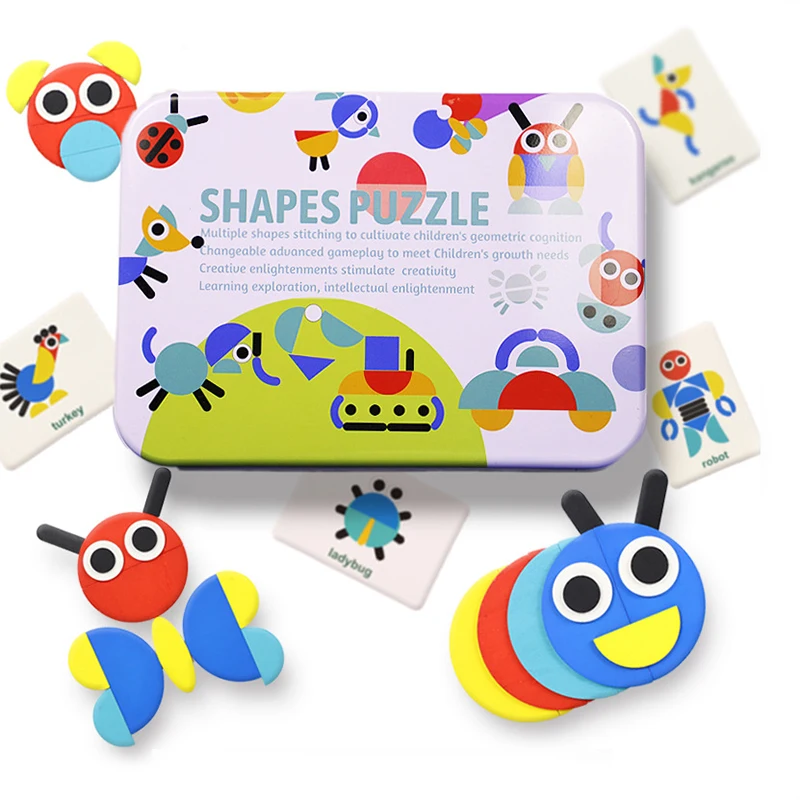 Wooden Pattern Blocks Animals Jigsaw Puzzle Sorting and Stacking Games Montessori Educational Toys for Toddlers Kids Boys Girls