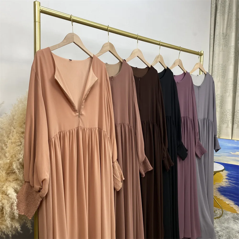 Lace Cuff Front Zipper Muslim Women Abaya Dress With Pocket