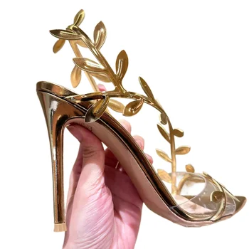 A generation of gold high heels women 2024 summer new metal patent leather leaves thin heel pointed open toe sandals