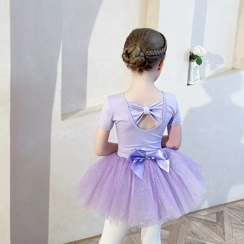 Hot Sale High Quality Cute Girls Children Ballet Leotards Dance Sequins  Skirts 2 Pieces Kids Ballet Dress with Bowknot