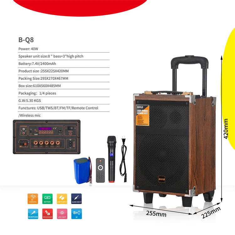 BAAB-Q8 8 Inch Mini Portable Karaoke Subwoofer Wireless Trolley Speaker with Powerful Bass and Microphone Trolley TWS  BOX AUDIO