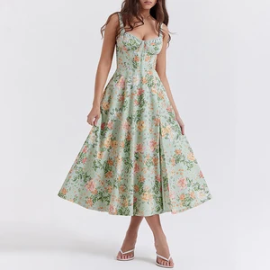 2026 Custom Summer Clothing Side Slit Pleated Sleeveless Women Elegant Casual Sexy Floral Dresses